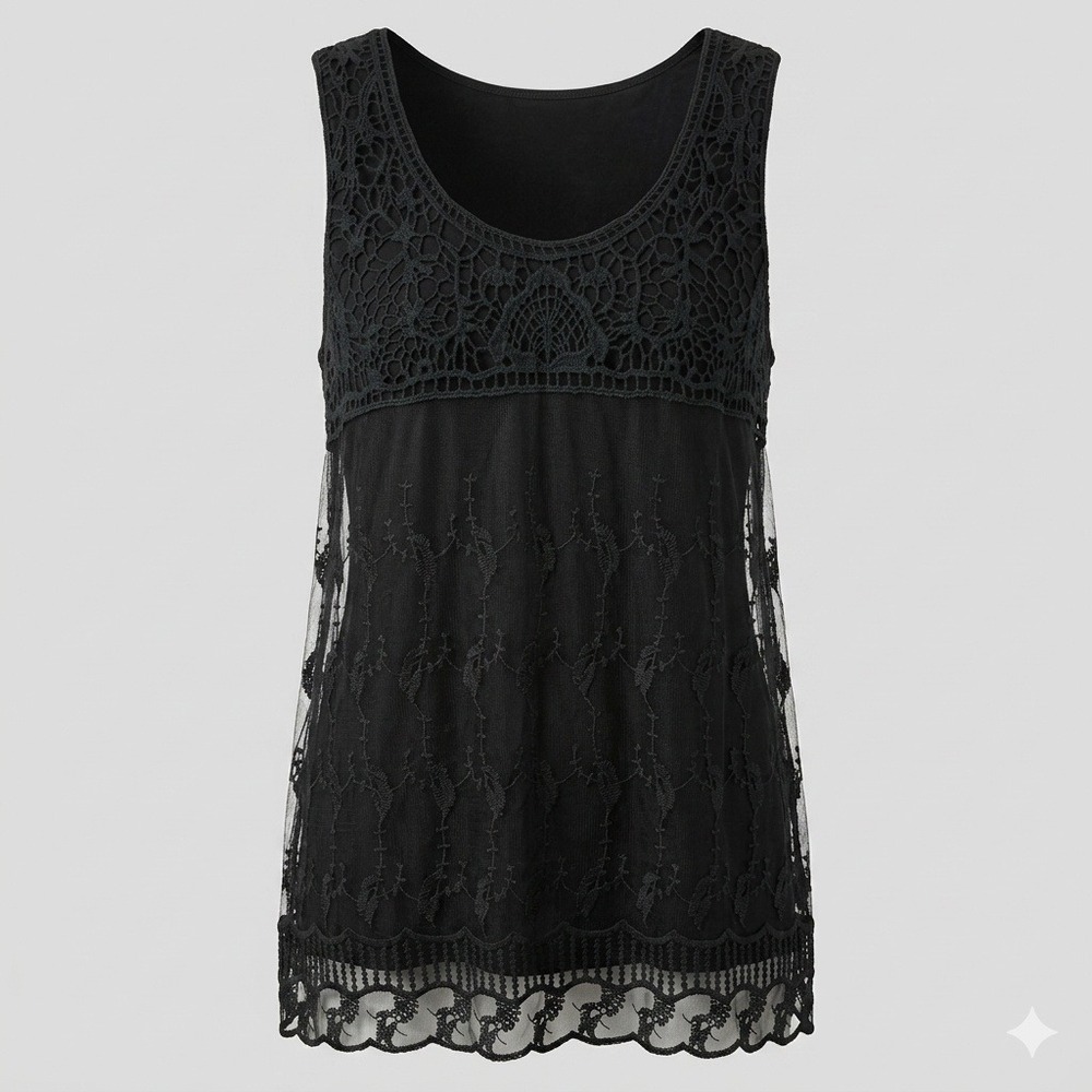Design Works VTG Black Crochet Lace Sleeveless Tunic Tank Top XL Boho‎ Flowy